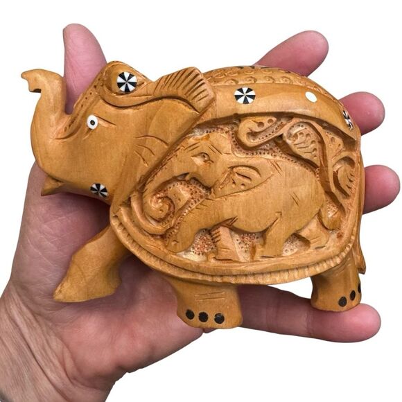 Hand Carved Wooden Elephant Intricate Details Smaller Elephant on Side - Picture 2 of 9